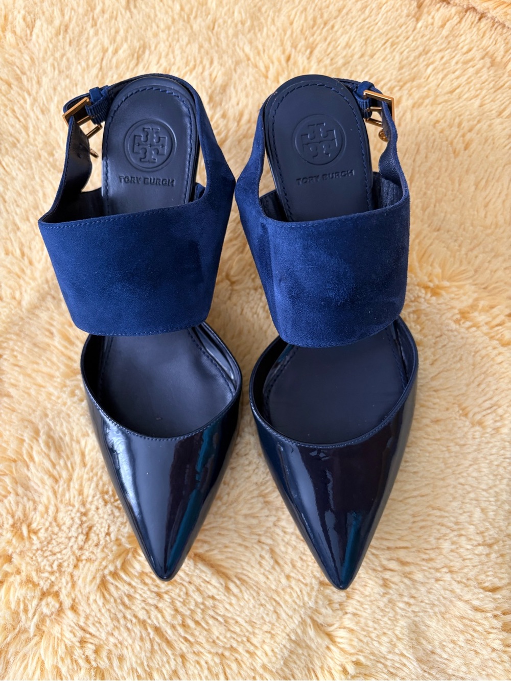 Tory Burch Navy Patent & Black Suede Pointed-Toe Slingbacks